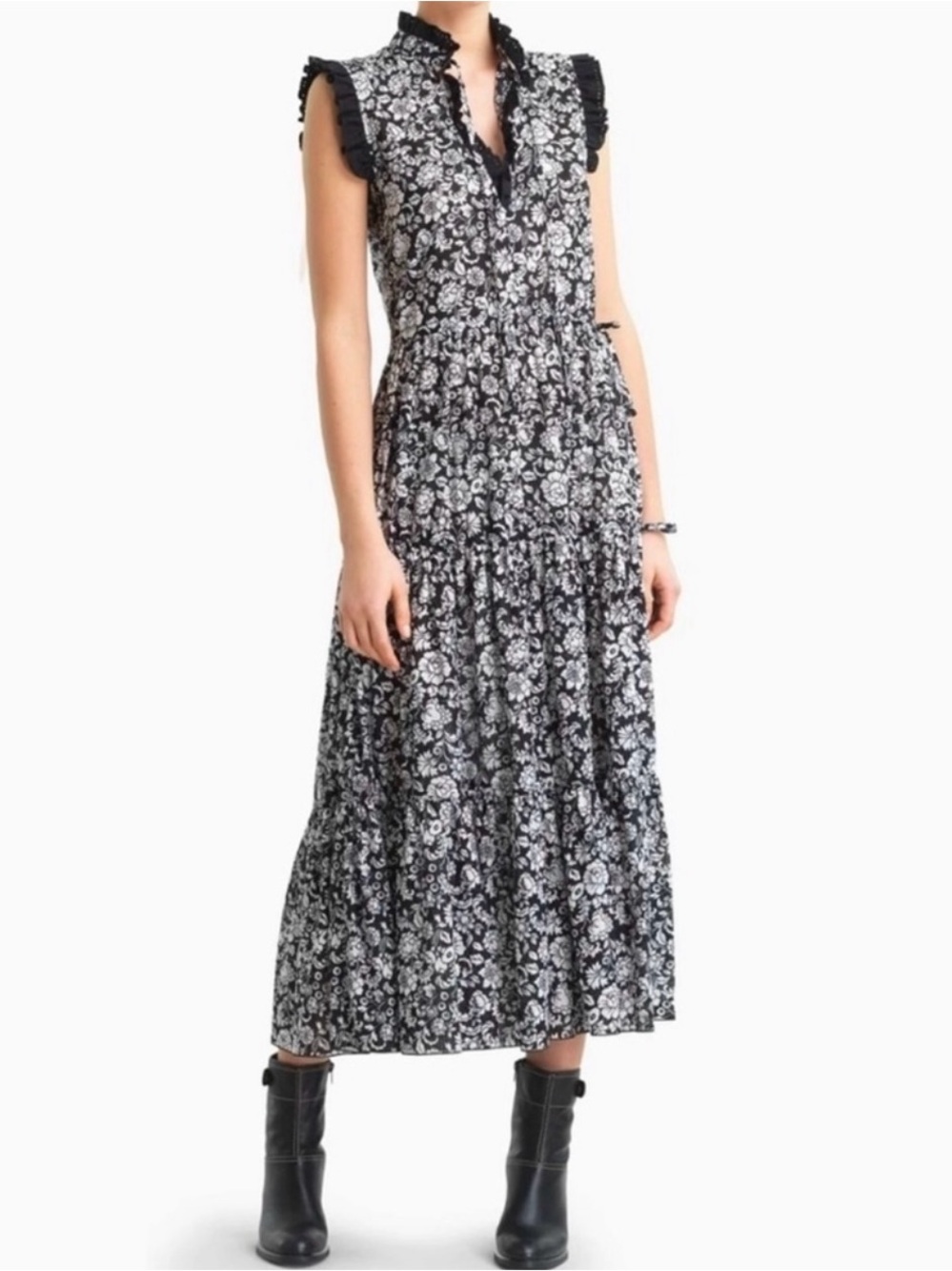 See By Chloe Black and White Floral Midi Dress with Ruffle Trim.Size M